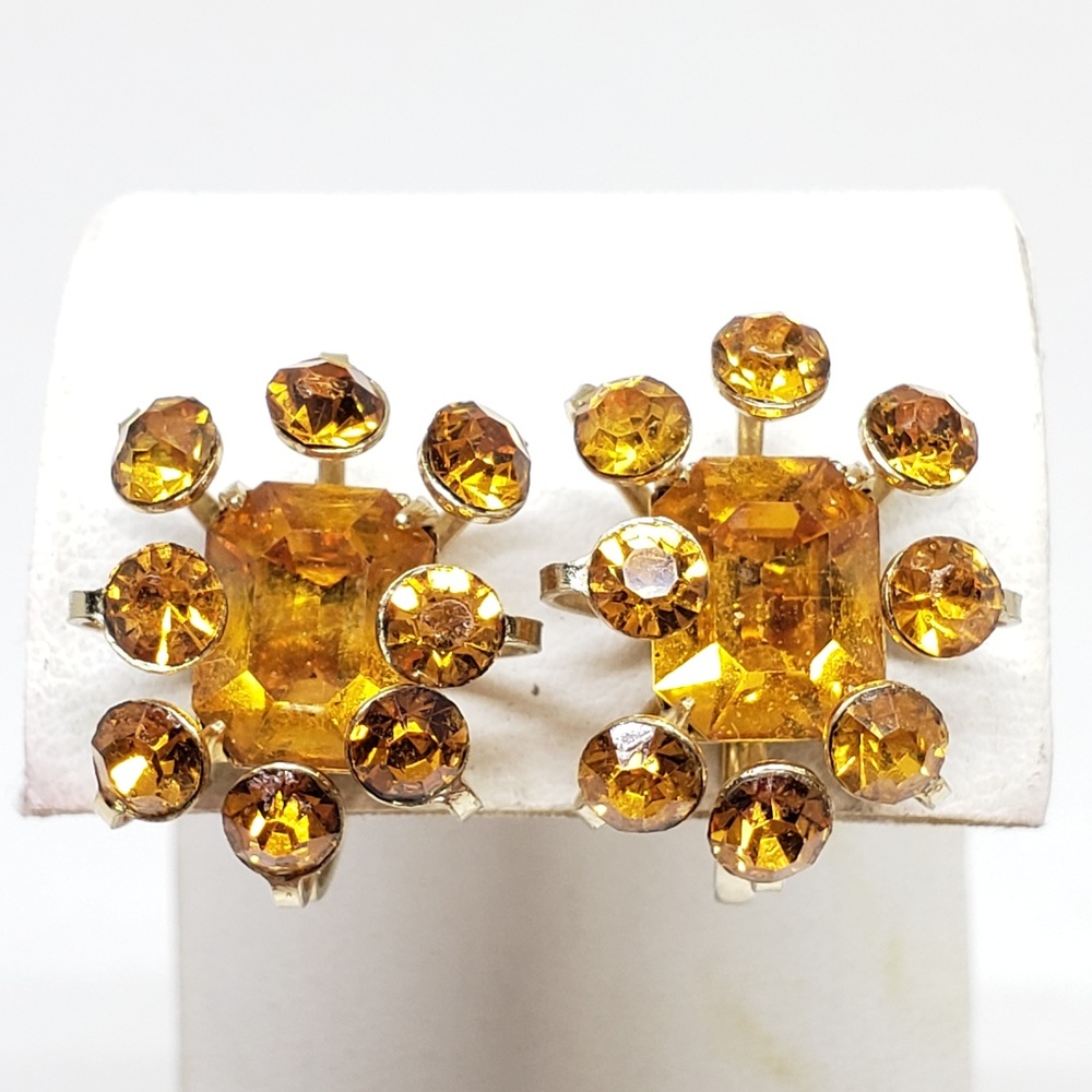 Coro Vintage Topaz Color Rhinestone Screw On Earri